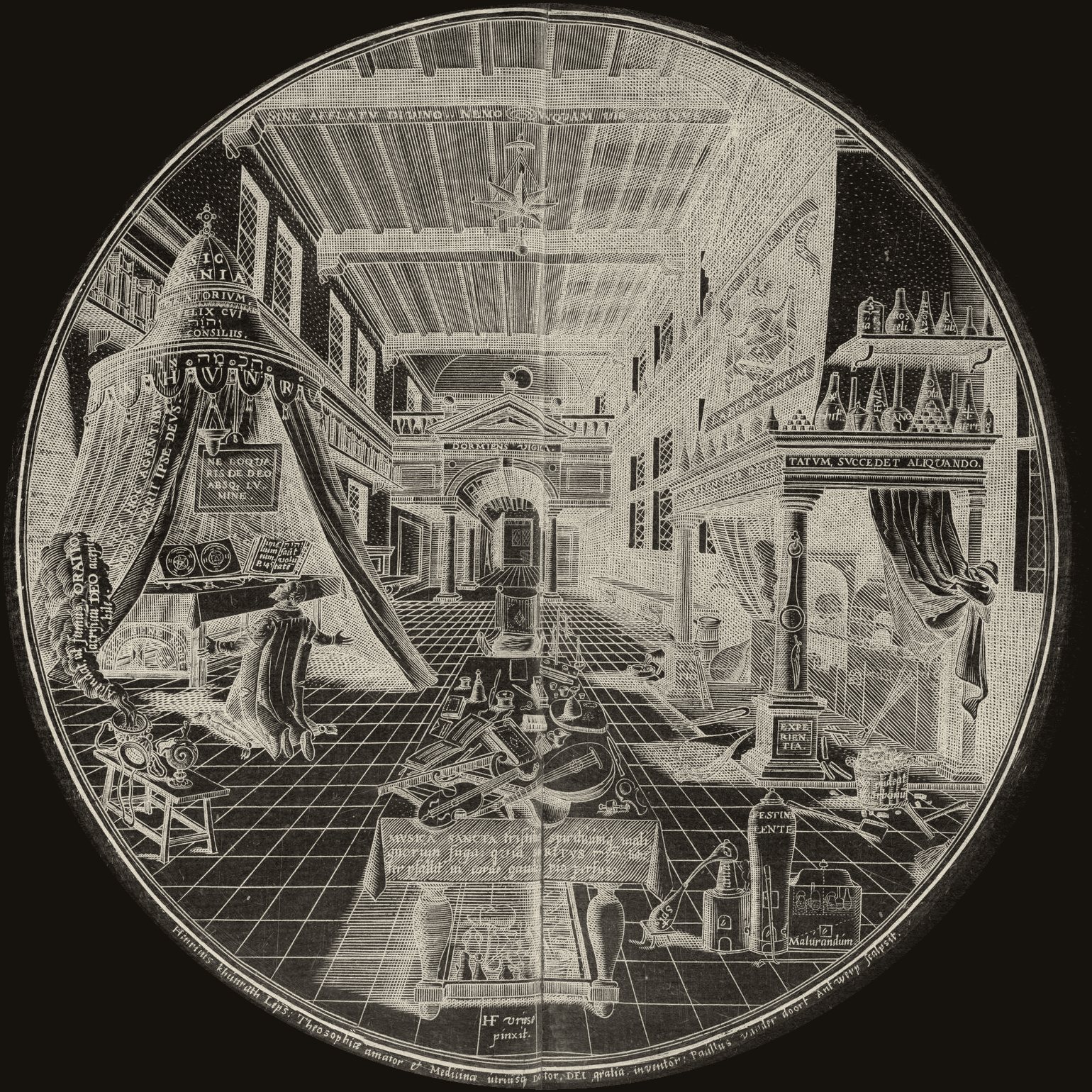 A circular engraving of an alchemist kneeling in prayer in his laboratory, from Heinrich Khunrath's Amphitheatrum Sapientiae Aeternae, 1609