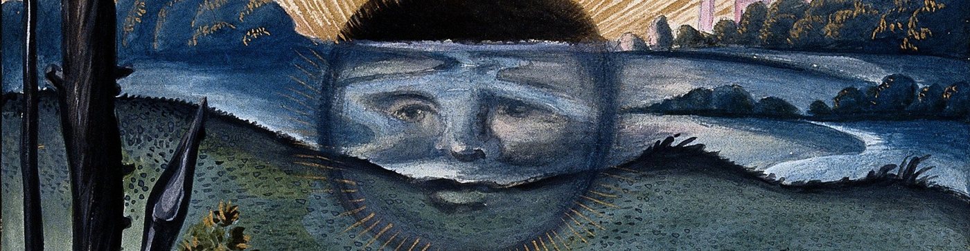 A black sun with a face descends behind the horizon, Unknown artist